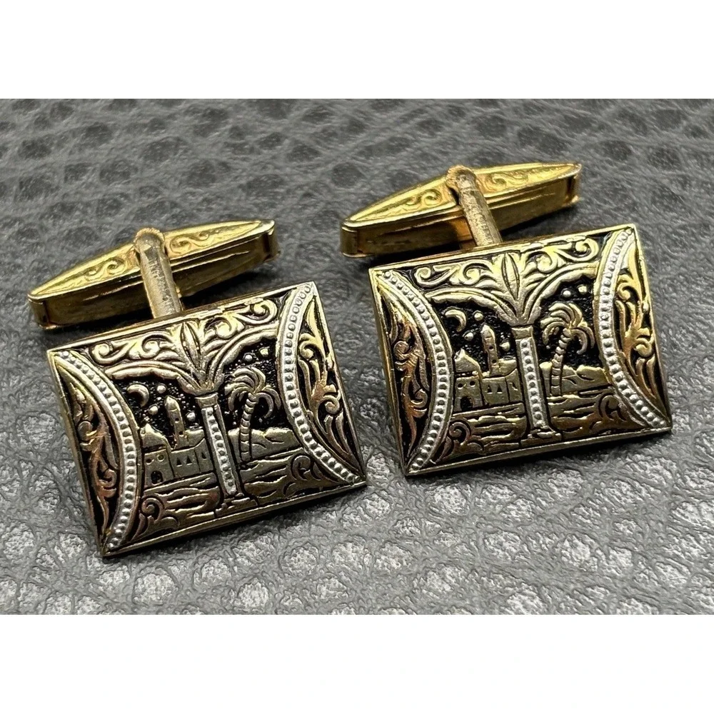 Vintage Damascene Gold Tone Ornate Rectangular Cufflinks Palace Palm Tree Moon